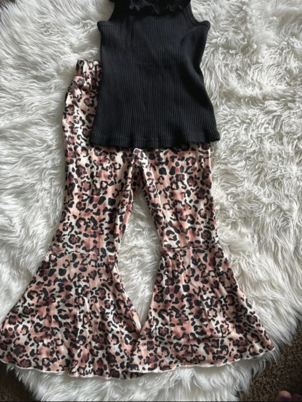 SHEIN Black Ruffle Tank with Pink Leopard Bell-Bottom Set
